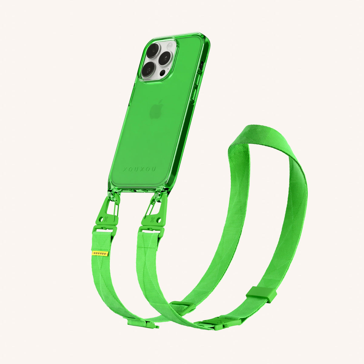 Clear Phone Necklace with Lanyard for iPhone 14 Pro without MagSafe in Neon Green Clear Perspective View | XOUXOU #phone model_iphone 14 pro