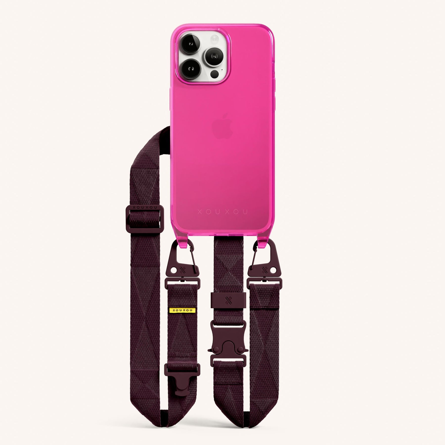 Phone Necklace with Lanyard in Cyber Pink Clear + Burgundy