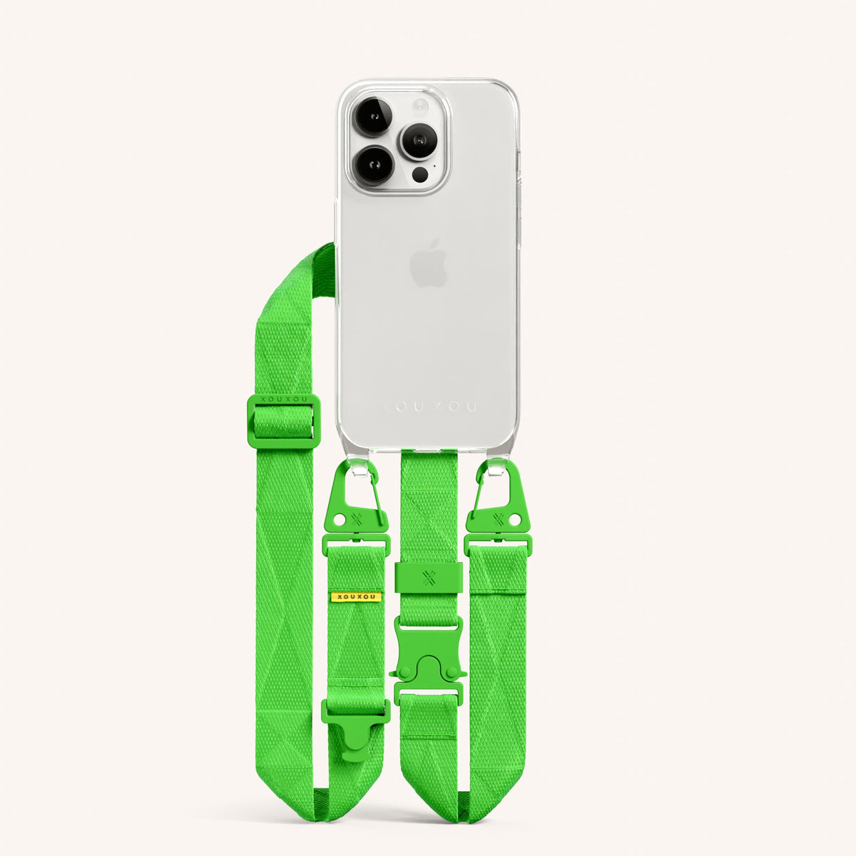 Clear Phone Necklace with Lanyard for iPhone 15 Pro without MagSafe in Clear + Neon Green Total View | XOUXOU #phone model_iphone 15 pro