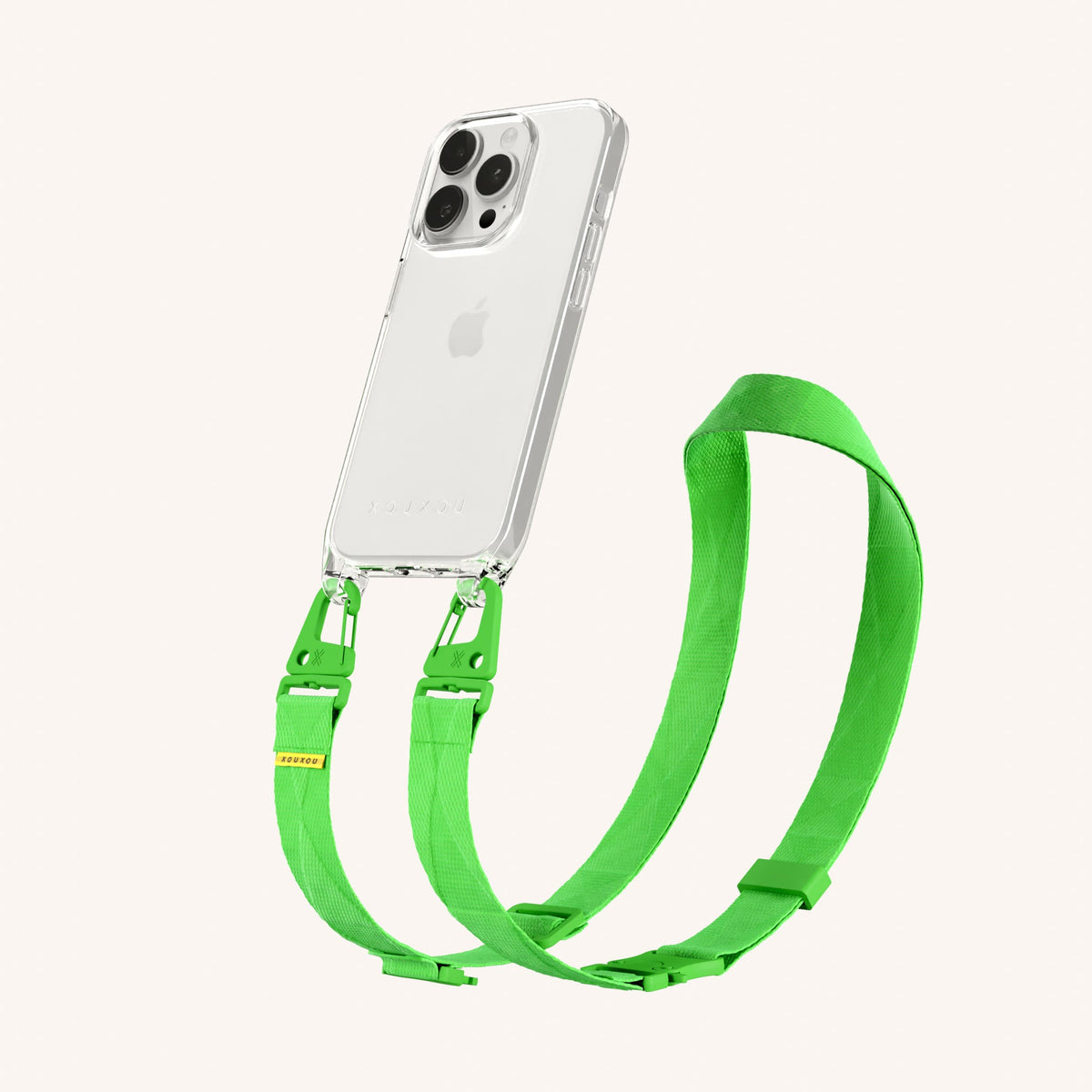 Clear Phone Necklace with Lanyard for iPhone 15 Pro without MagSafe in Clear + Neon Green Perspective View | XOUXOU #phone model_iphone 15 pro