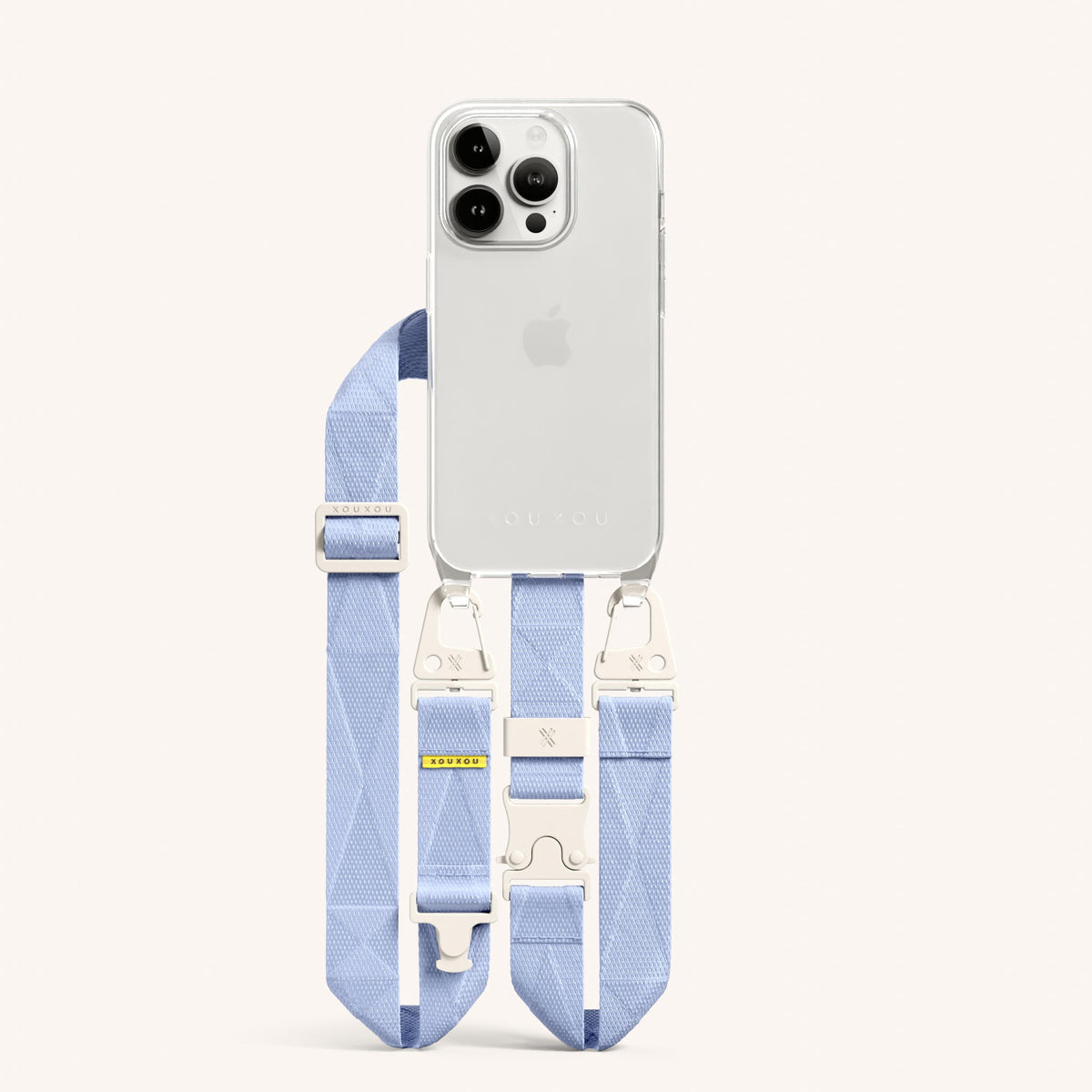 Clear Phone Necklace with Lanyard for iPhone 15 Pro without MagSafe in Clear + Baby Blue Total View | XOUXOU #phone model_iphone 15 pro
