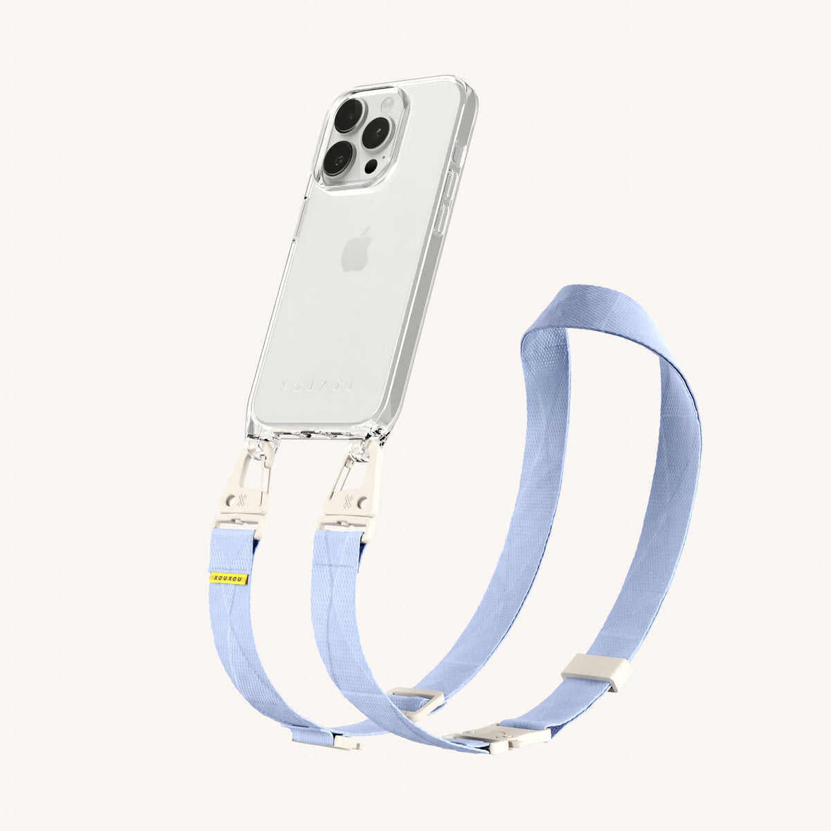 Clear Phone Necklace with Lanyard for iPhone 15 Pro without MagSafe in Clear + Baby Blue Perspective View | XOUXOU #phone model_iphone 15 pro