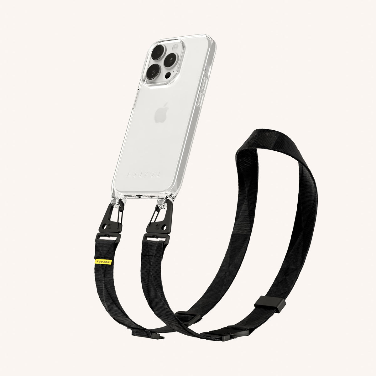 Clear Phone Necklace with Lanyard for iPhone 15 Pro without MagSafe in Clear + Black Perspective View | XOUXOU #phone model_iphone 15 pro