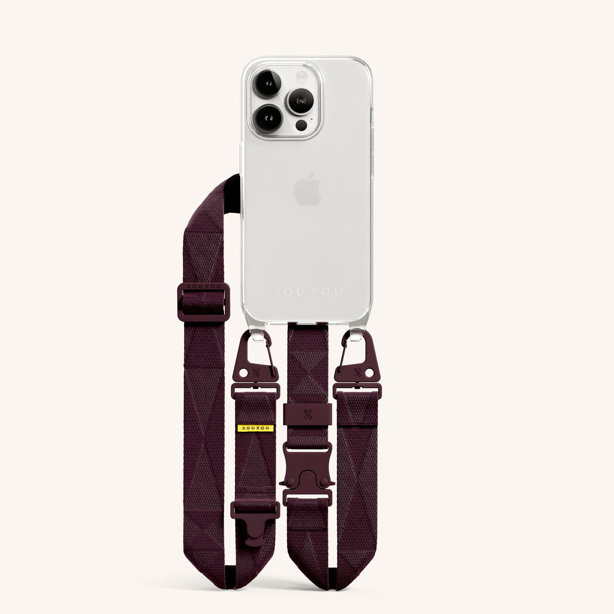 Clear Phone Necklace with Lanyard for iPhone 15 Pro without MagSafe in Clear + Burgundy Total View | XOUXOU #phone model_iphone 15 pro