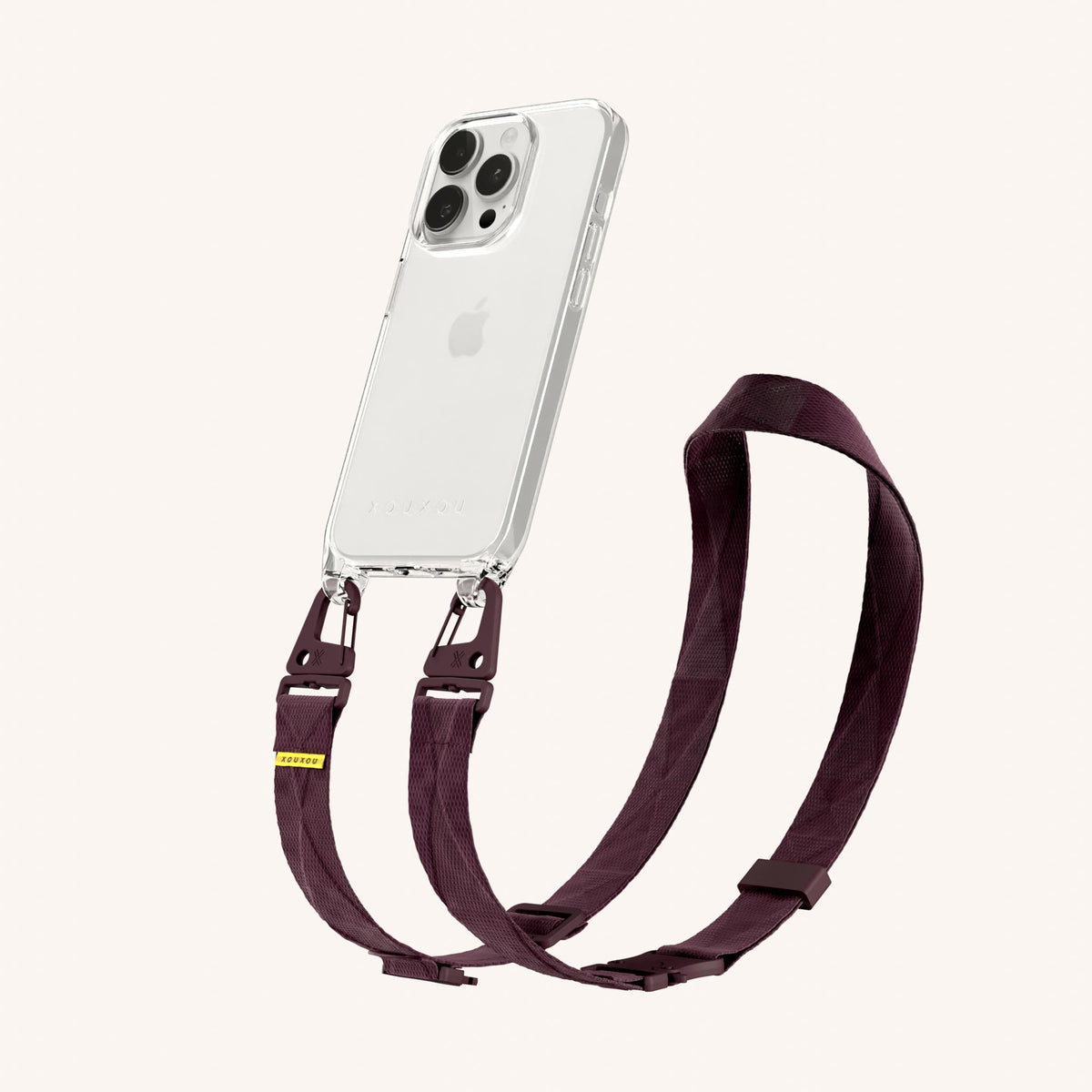 Clear Phone Necklace with Lanyard for iPhone 15 Pro without MagSafe in Clear + Burgundy Perspective View | XOUXOU #phone model_iphone 15 pro