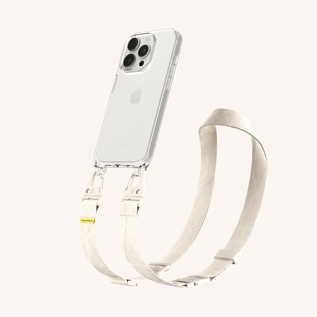 Clear Phone Necklace with Lanyard for iPhone 15 Pro without MagSafe in Clear + Chalk Perspective View | XOUXOU #phone model_iphone 15 pro