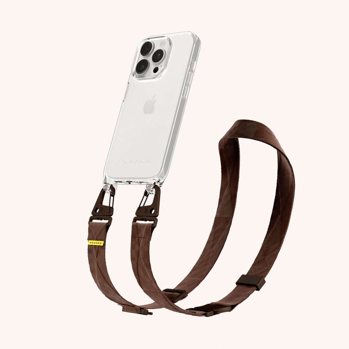 Clear Phone Necklace with Lanyard for iPhone 15 Pro without MagSafe in Clear + Earth Perspective View | XOUXOU #phone model_iphone 15 pro