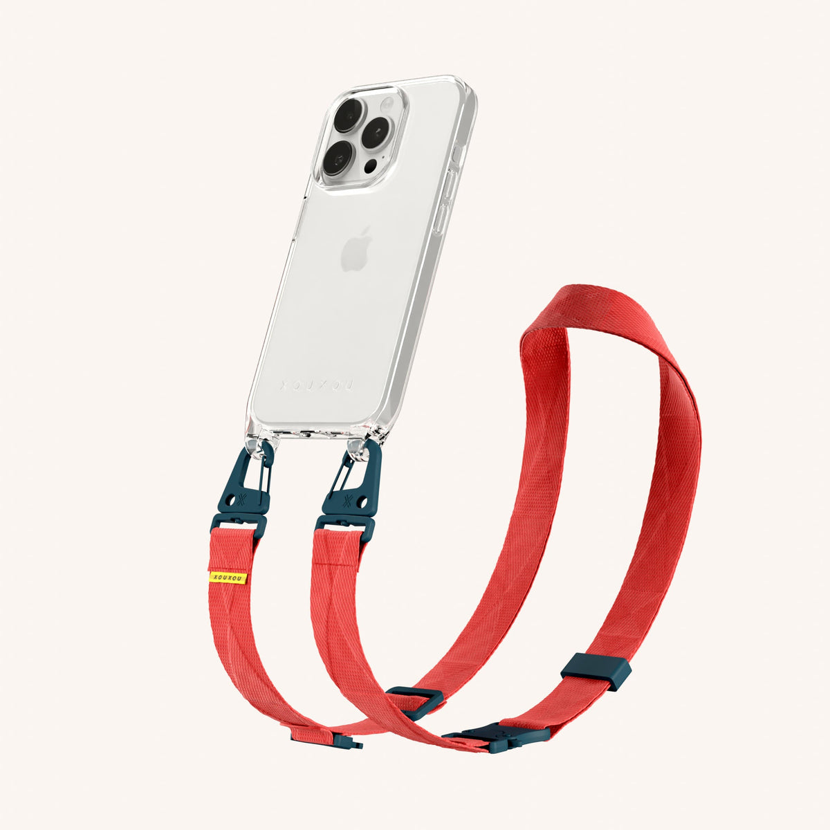 Clear Phone Necklace with Lanyard for iPhone 15 Pro without MagSafe in Clear + Memphis Perspective View | XOUXOU #phone model_iphone 15 pro