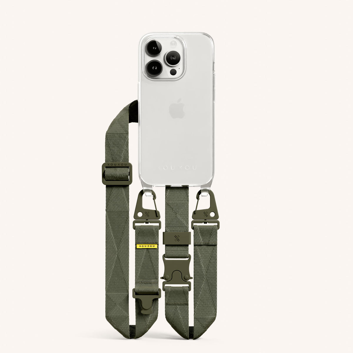 Clear Phone Necklace with Lanyard for iPhone 15 Pro without MagSafe in Clear + Moss Total View | XOUXOU #phone model_iphone 15 pro
