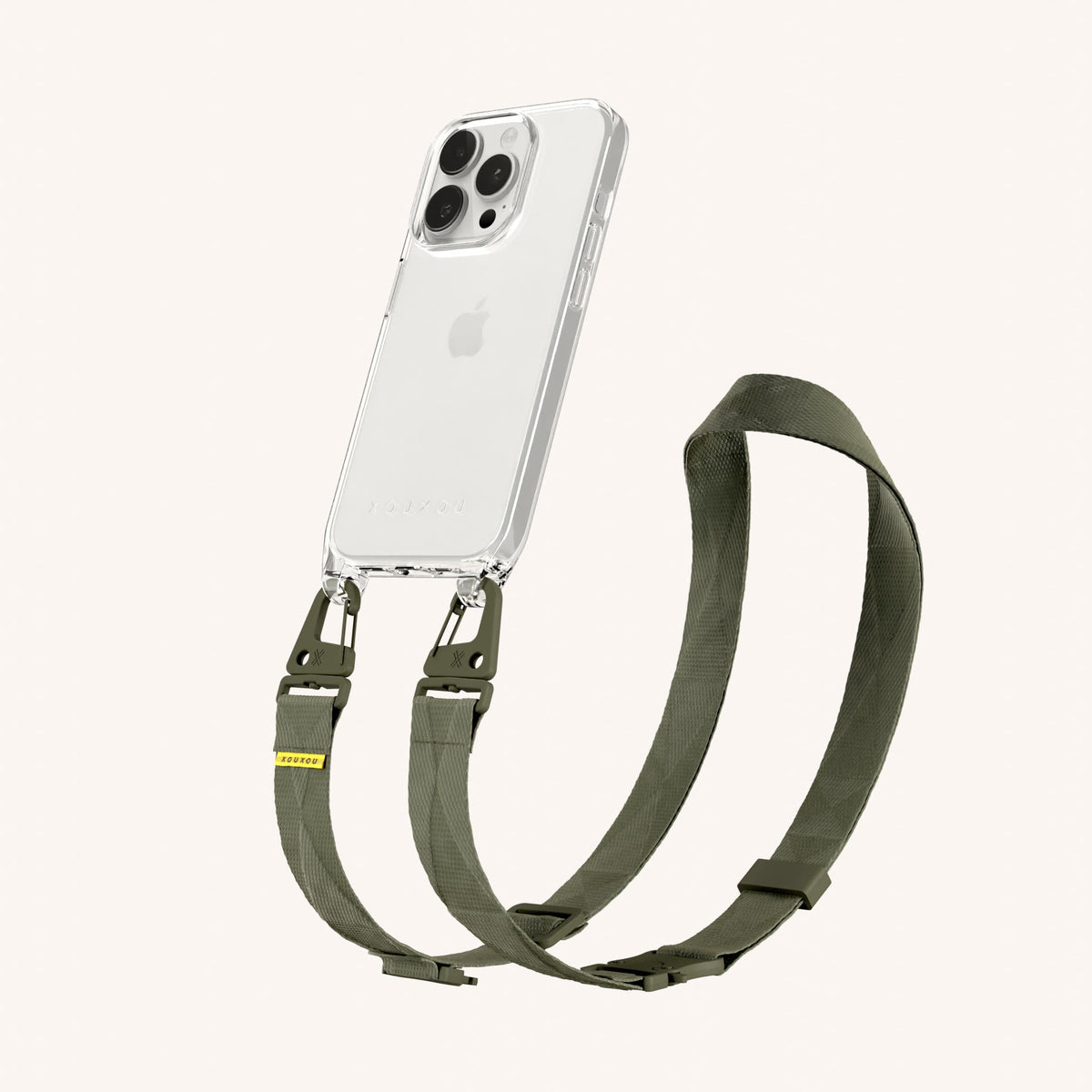 Clear Phone Necklace with Lanyard for iPhone 15 Pro without MagSafe in Clear + Moss Perspective View | XOUXOU #phone model_iphone 15 pro