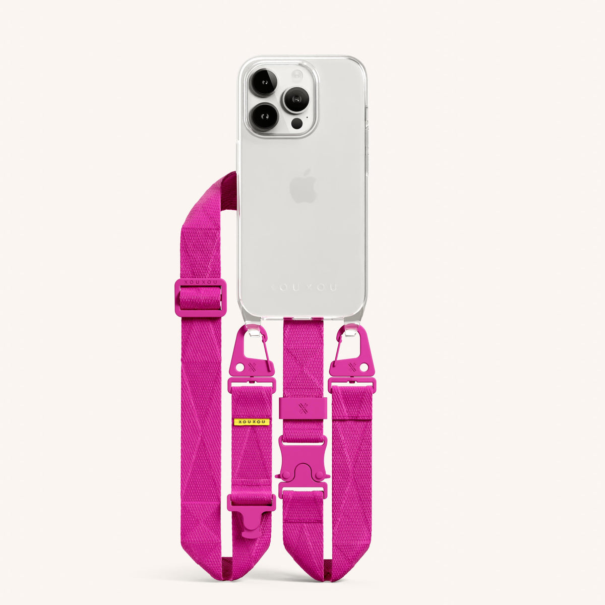 Clear Phone Necklace with Lanyard for iPhone 15 Pro without MagSafe in Clear + Power Pink Total View | XOUXOU #phone model_iphone 15 pro