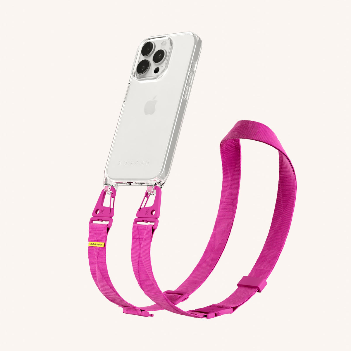 Clear Phone Necklace with Lanyard for iPhone 15 Pro without MagSafe in Clear + Power Pink Perspective View | XOUXOU #phone model_iphone 15 pro