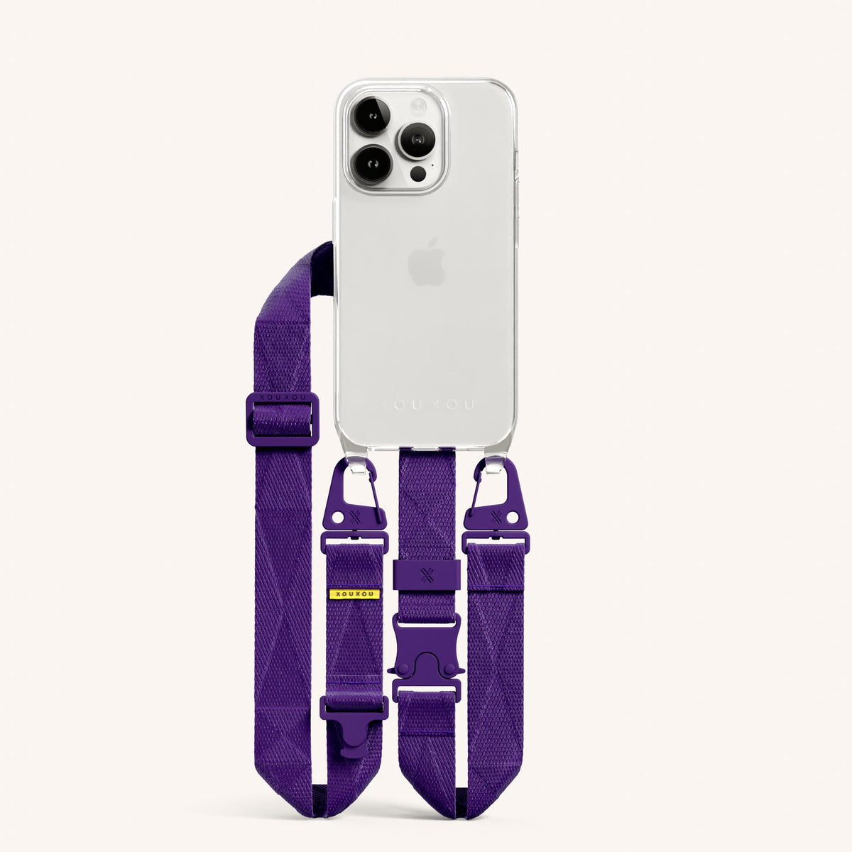 Clear Phone Necklace with Lanyard for iPhone 15 Pro without MagSafe in Clear + Purple Total View | XOUXOU #phone model_iphone 15 pro