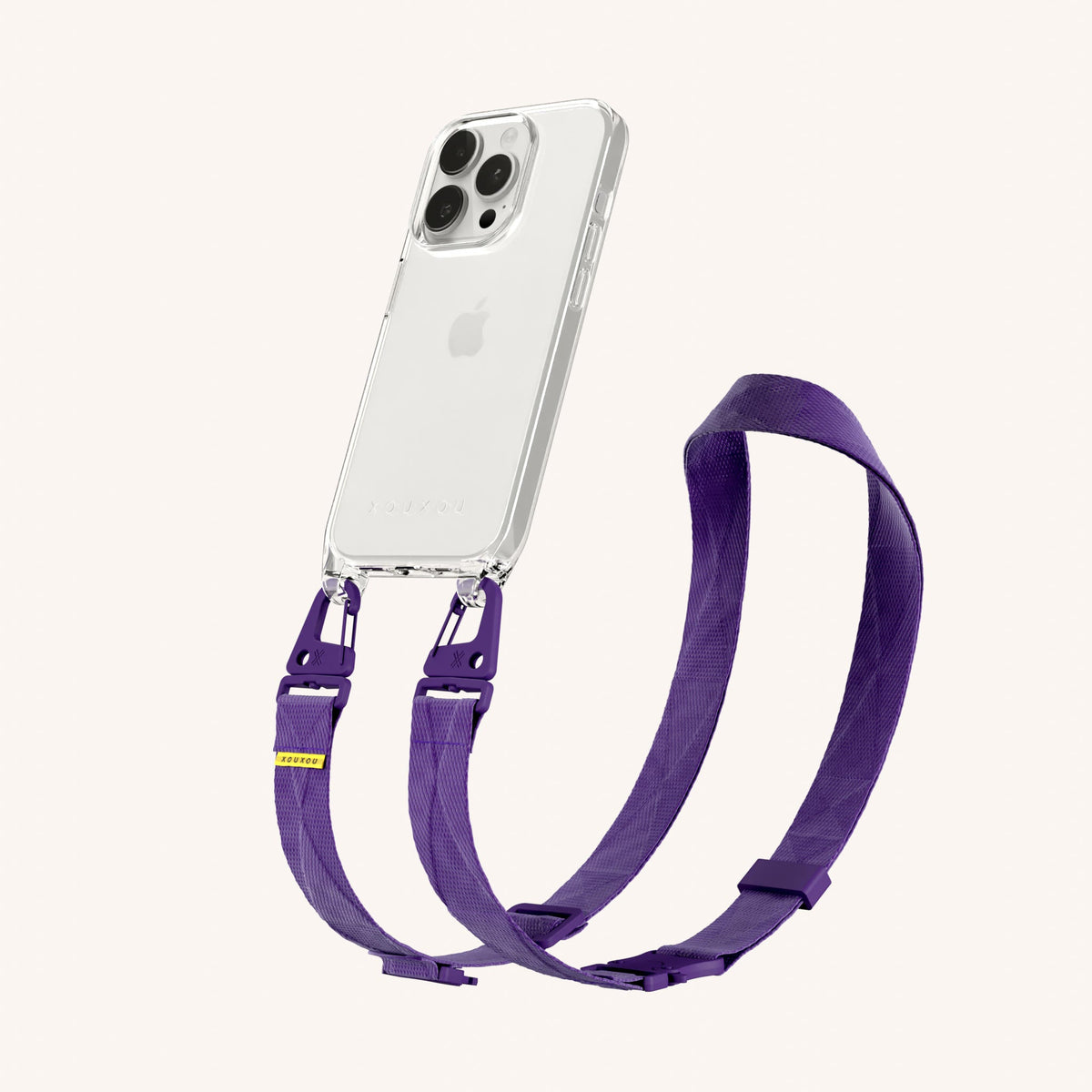 Clear Phone Necklace with Lanyard for iPhone 15 Pro without MagSafe in Clear + Purple Perspective View | XOUXOU #phone model_iphone 15 pro