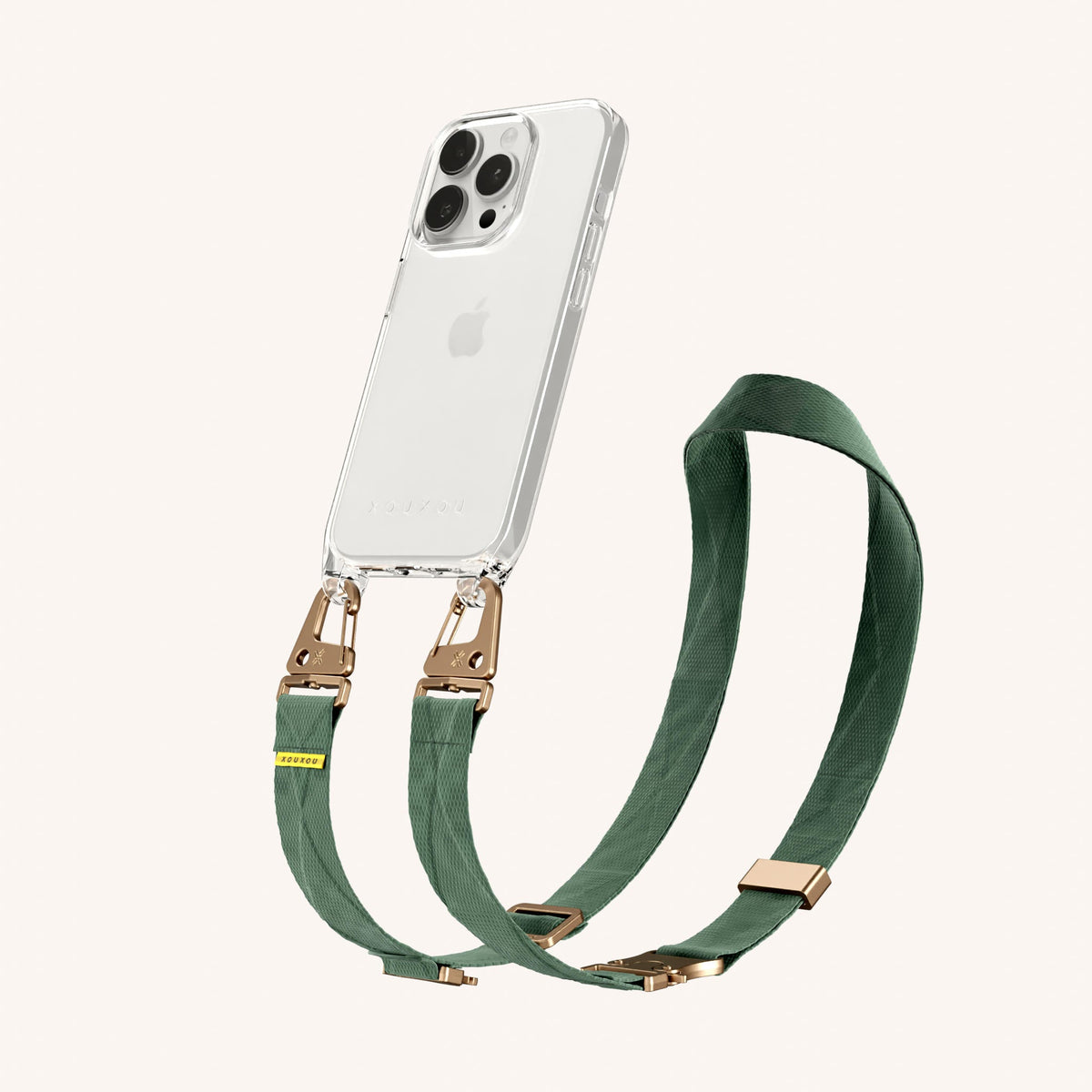 Clear Phone Necklace with Lanyard for iPhone 15 Pro without MagSafe in Clear + Sage Perspective View | XOUXOU #phone model_iphone 15 pro