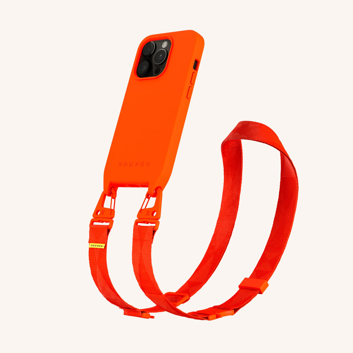 Phone Necklace with Lanyard for iPhone 15 Pro without MagSafe in Neon Orange Perspective View | XOUXOU #phone model_iphone 15 pro