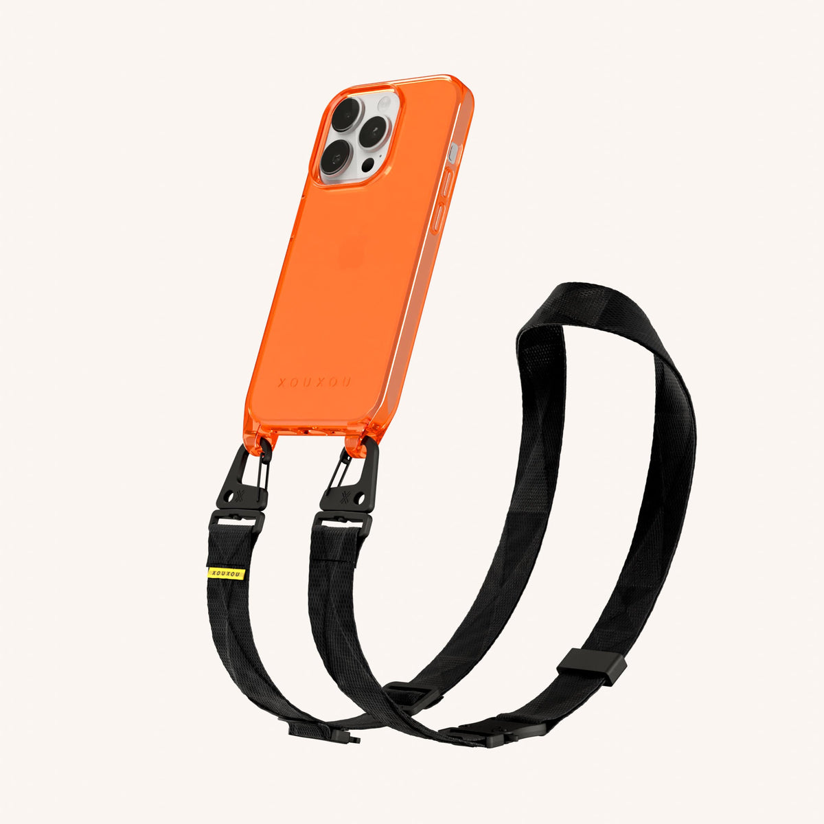 Clear Phone Necklace with Lanyard for iPhone 15 Pro without MagSafe in Neon Orange Clear + Black Perspective View | XOUXOU #phone model_iphone 15 pro