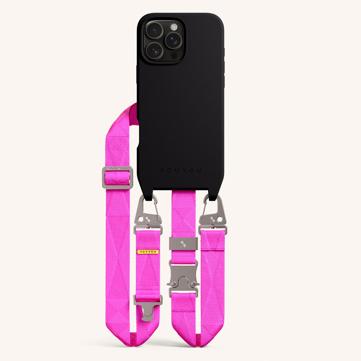 Phone Necklace with Lanyard for iPhone 16 Pro without MagSafe in Black and Neon Total View | XOUXOU #phone model_iphone 16 pro