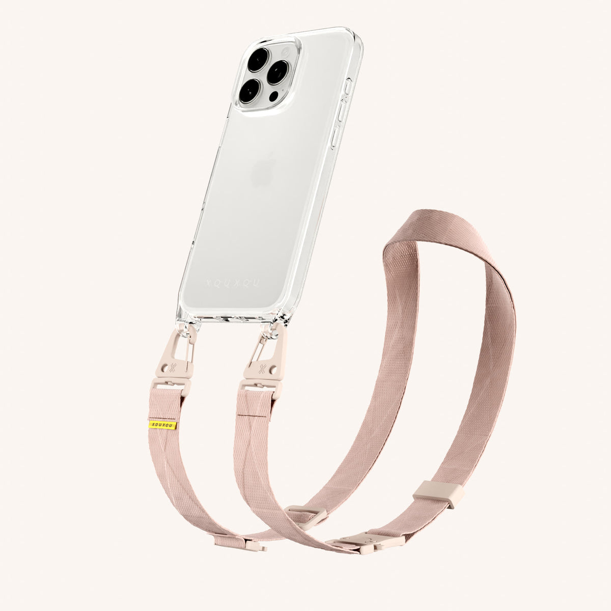 Phone Necklace with Lanyard for iPhone 16 Pro without MagSafe in Clear + Powder Pink | XOUXOU #phone model_iphone 16 pro