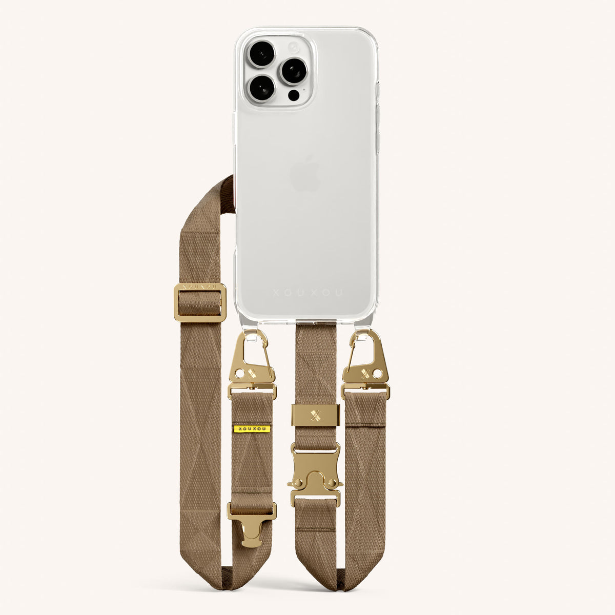 Phone Necklace with Lanyard for iPhone 16 Pro without MagSafe in Clear and Taupe Total View | XOUXOU #phone model_iphone 16 pro