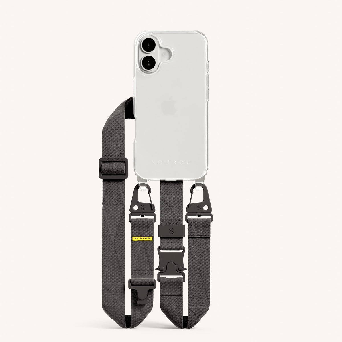 Phone Necklace with Lanyard for iPhone 16 without MagSafe in Clear and Ash Total View | XOUXOU #phone model_iphone 16