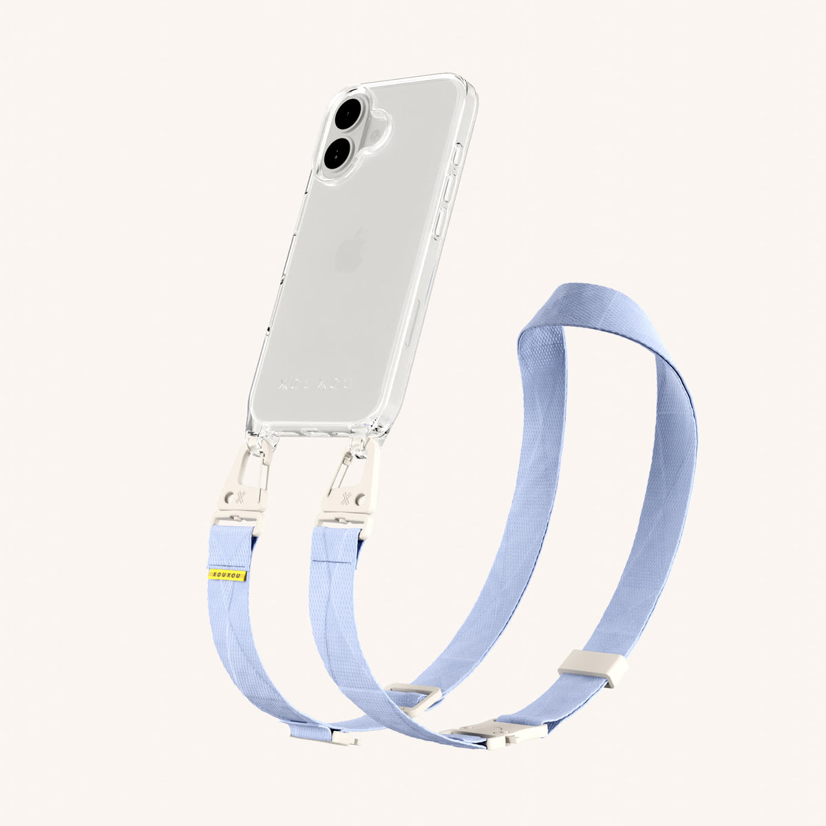 Phone Necklace with Lanyard for iPhone 16 without MagSafe in Clear + Baby Blue | XOUXOU #phone model_iphone 16