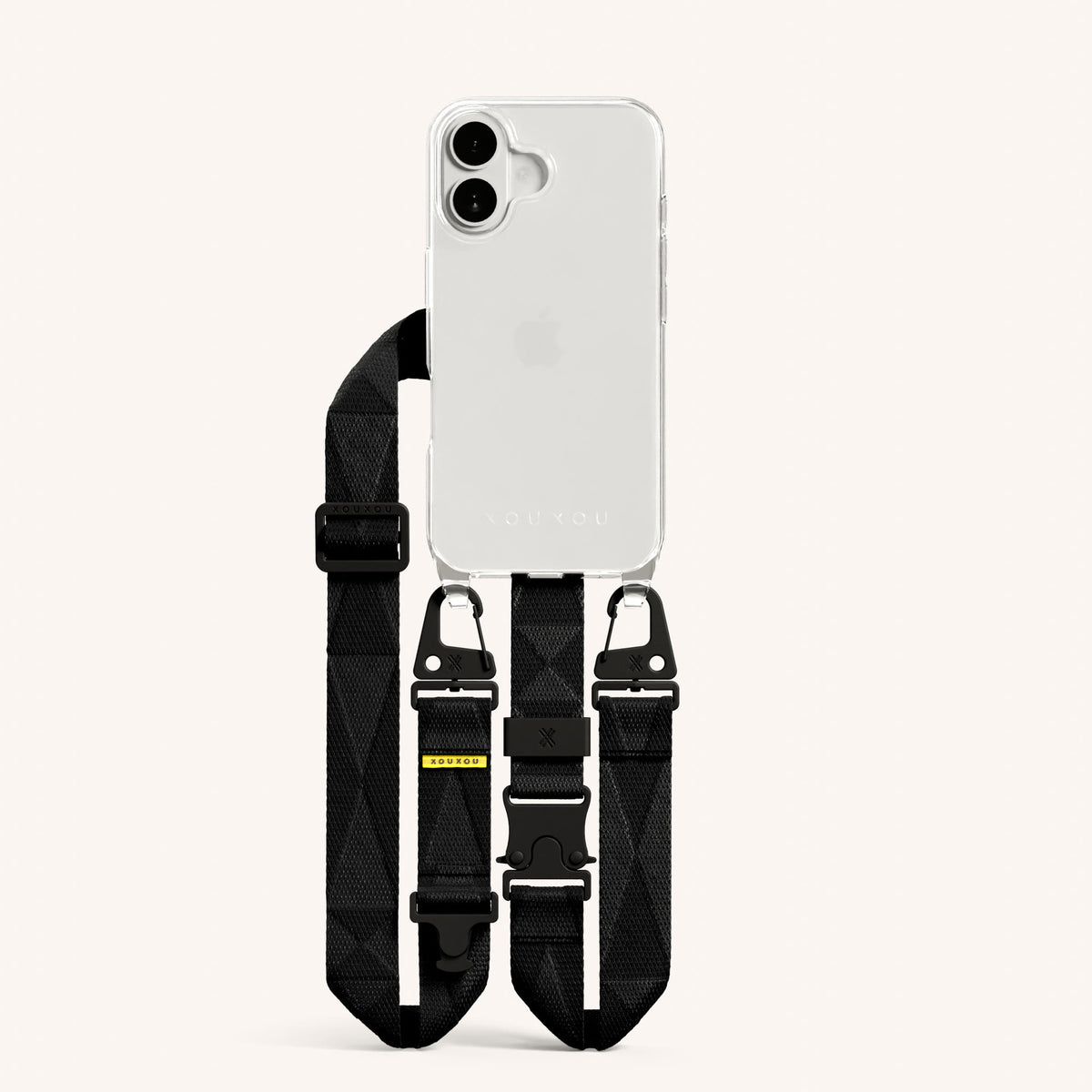 Phone Necklace with Lanyard for iPhone 16 without MagSafe in Clear and Black Total View | XOUXOU #phone model_iphone 16