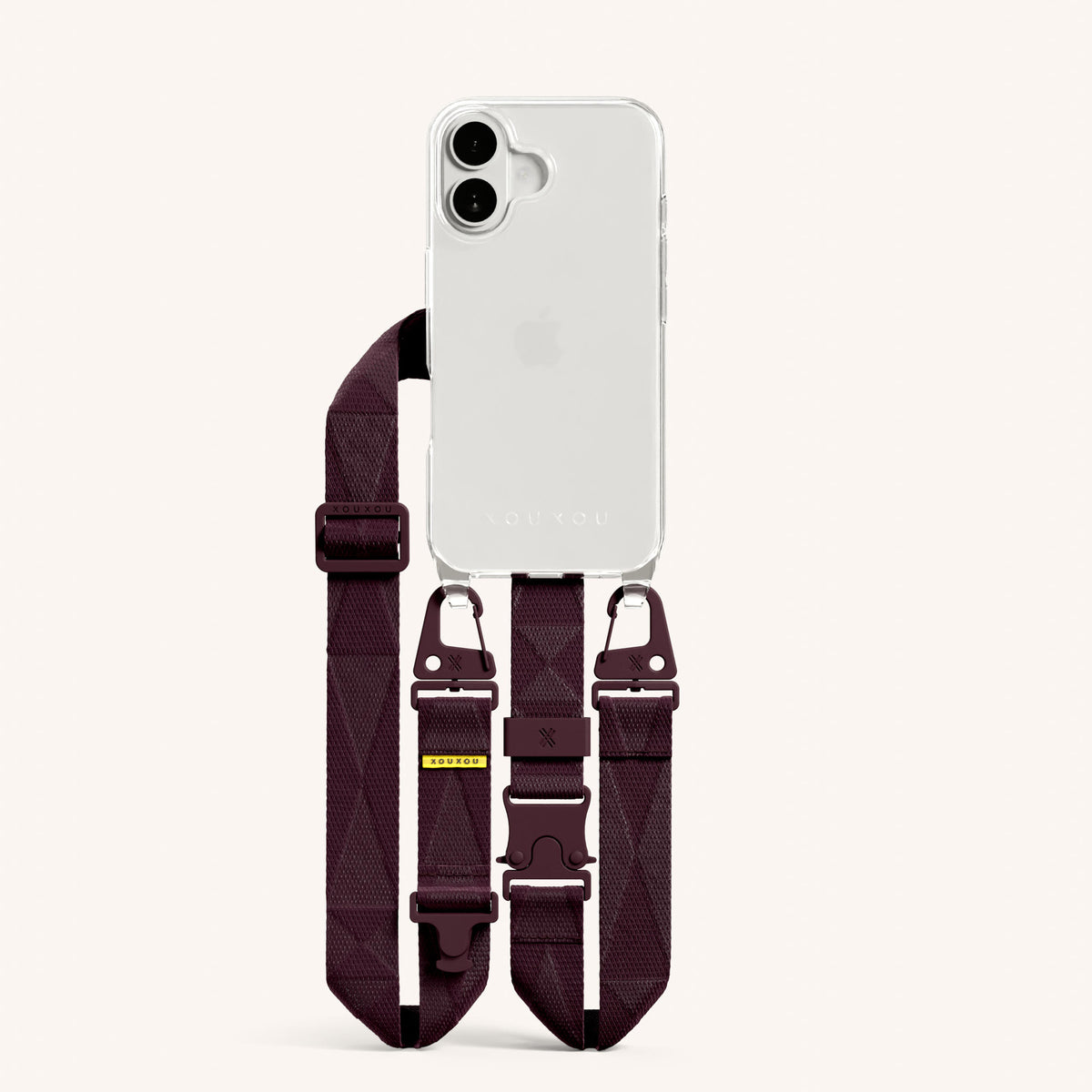 Phone Necklace with Lanyard for iPhone 16 without MagSafe in Clear and Burgundy Total View | XOUXOU #phone model_iphone 16