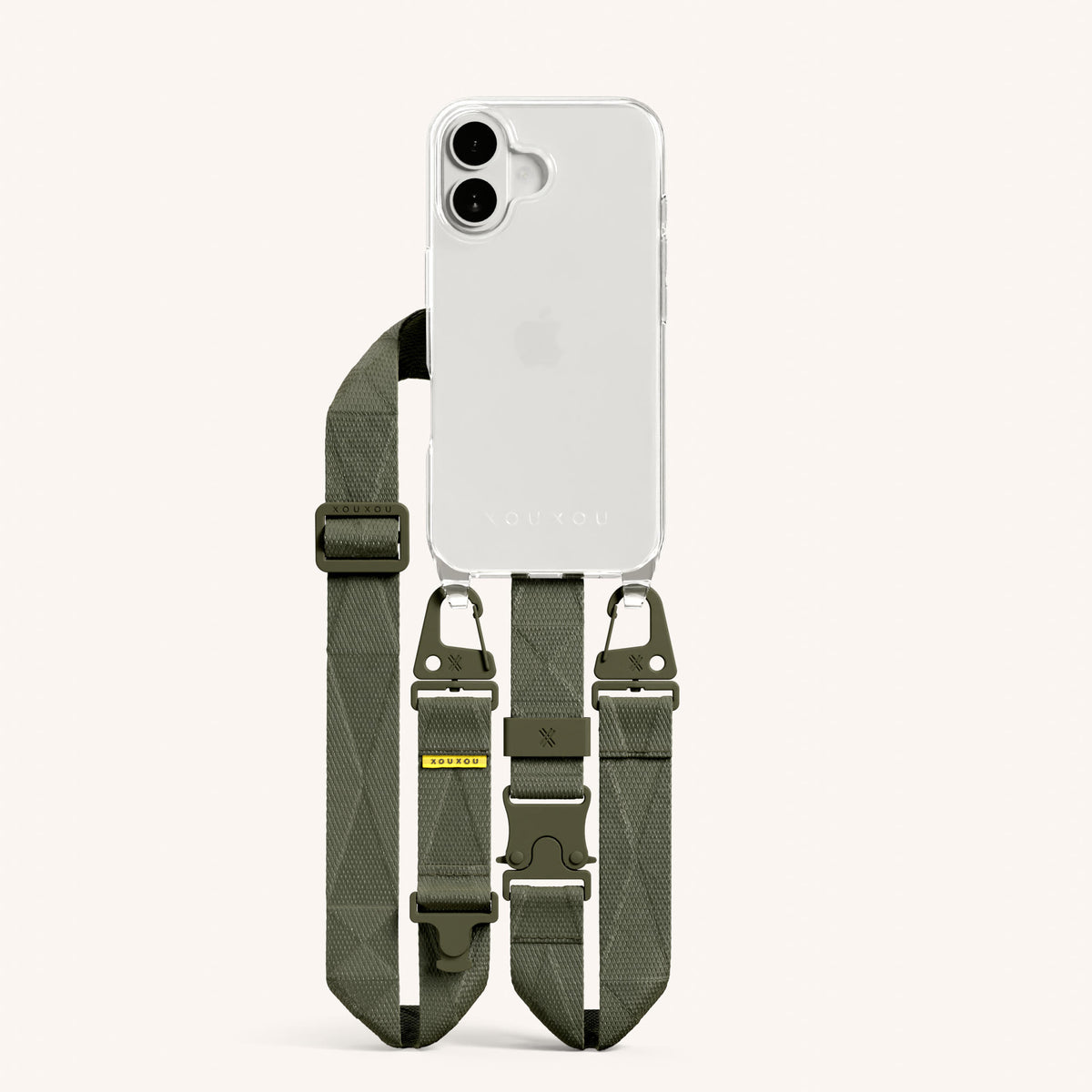 Phone Necklace with Lanyard for iPhone 16 without MagSafe in Clear and Moss Total View | XOUXOU #phone model_iphone 16