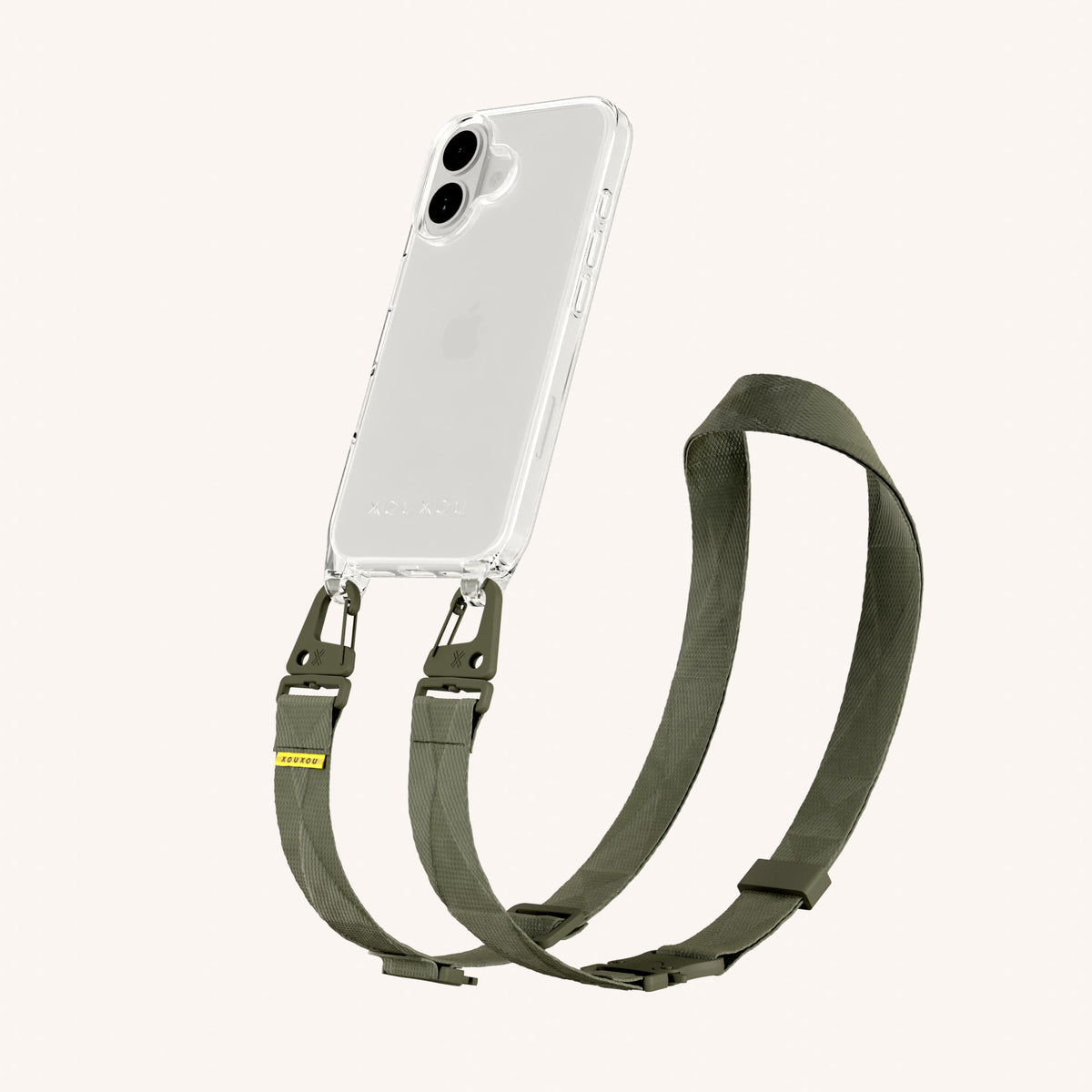 Phone Necklace with Lanyard for iPhone 16 without MagSafe in Clear + Moss | XOUXOU #phone model_iphone 16