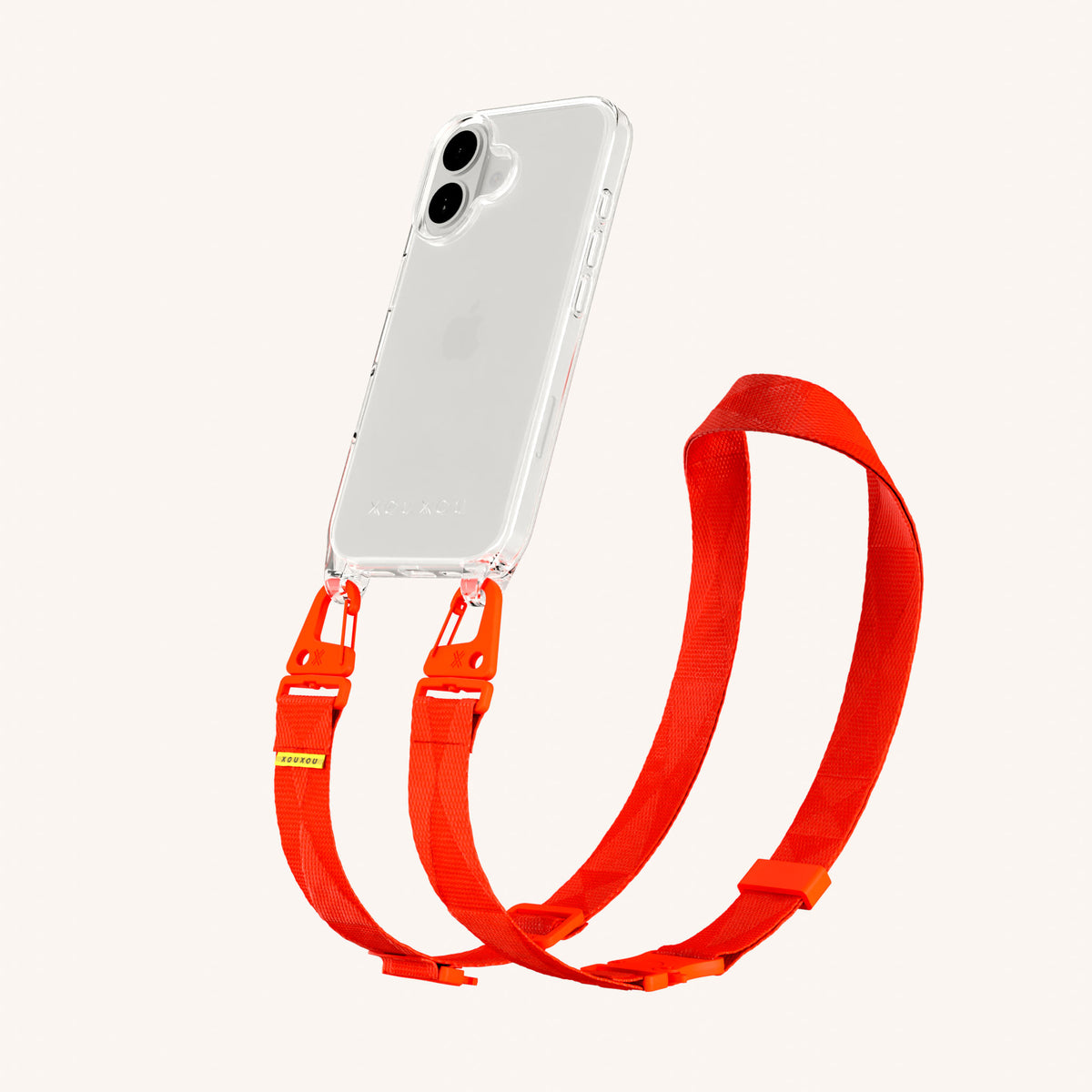 Phone Necklace with Lanyard for iPhone 16 without MagSafe in Clear + Neon Orange | XOUXOU #phone model_iphone 16