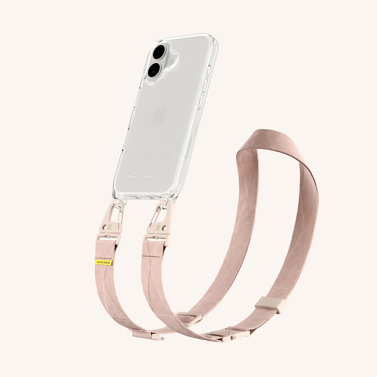 Phone Necklace with Lanyard for iPhone 16 without MagSafe in Clear + Powder Pink | XOUXOU #phone model_iphone 16