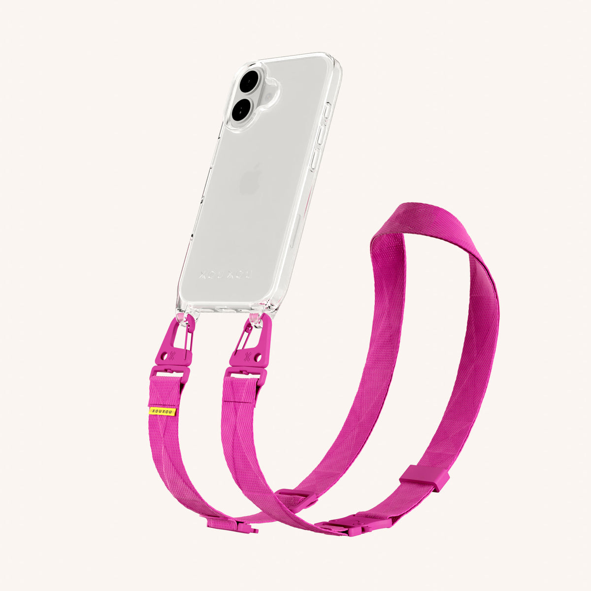 Phone Necklace with Lanyard for iPhone 16 without MagSafe in Clear + Power Pink | XOUXOU #phone model_iphone 16