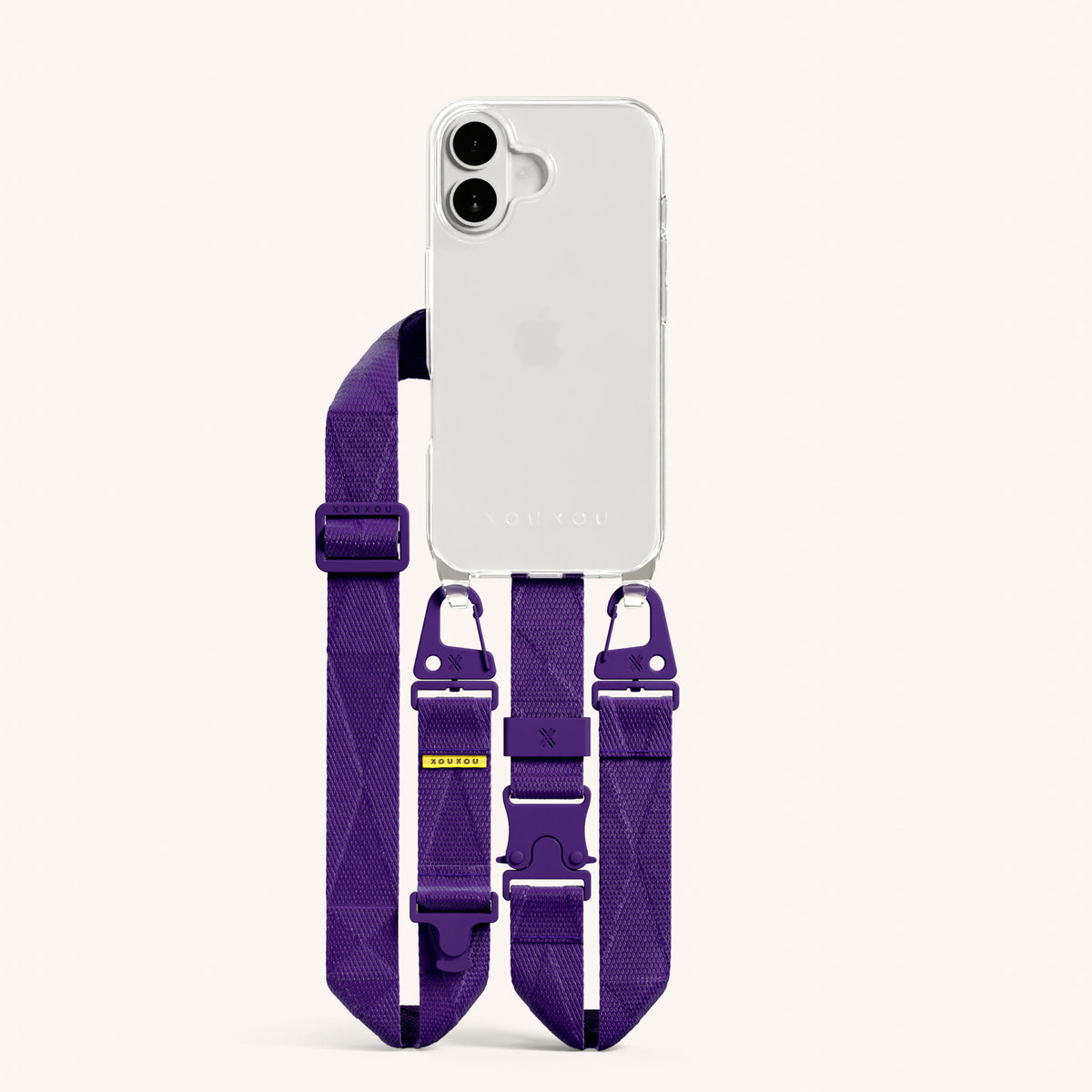 Phone Necklace with Lanyard for iPhone 16 without MagSafe in Clear and Purple Total View | XOUXOU #phone model_iphone 16