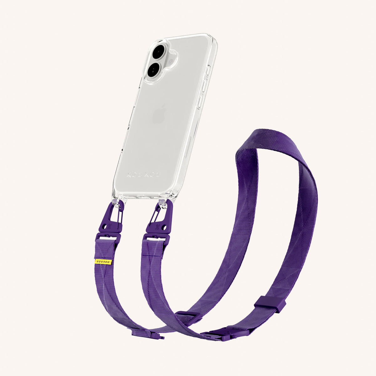 Phone Necklace with Lanyard for iPhone 16 without MagSafe in Clear + Purple | XOUXOU #phone model_iphone 16