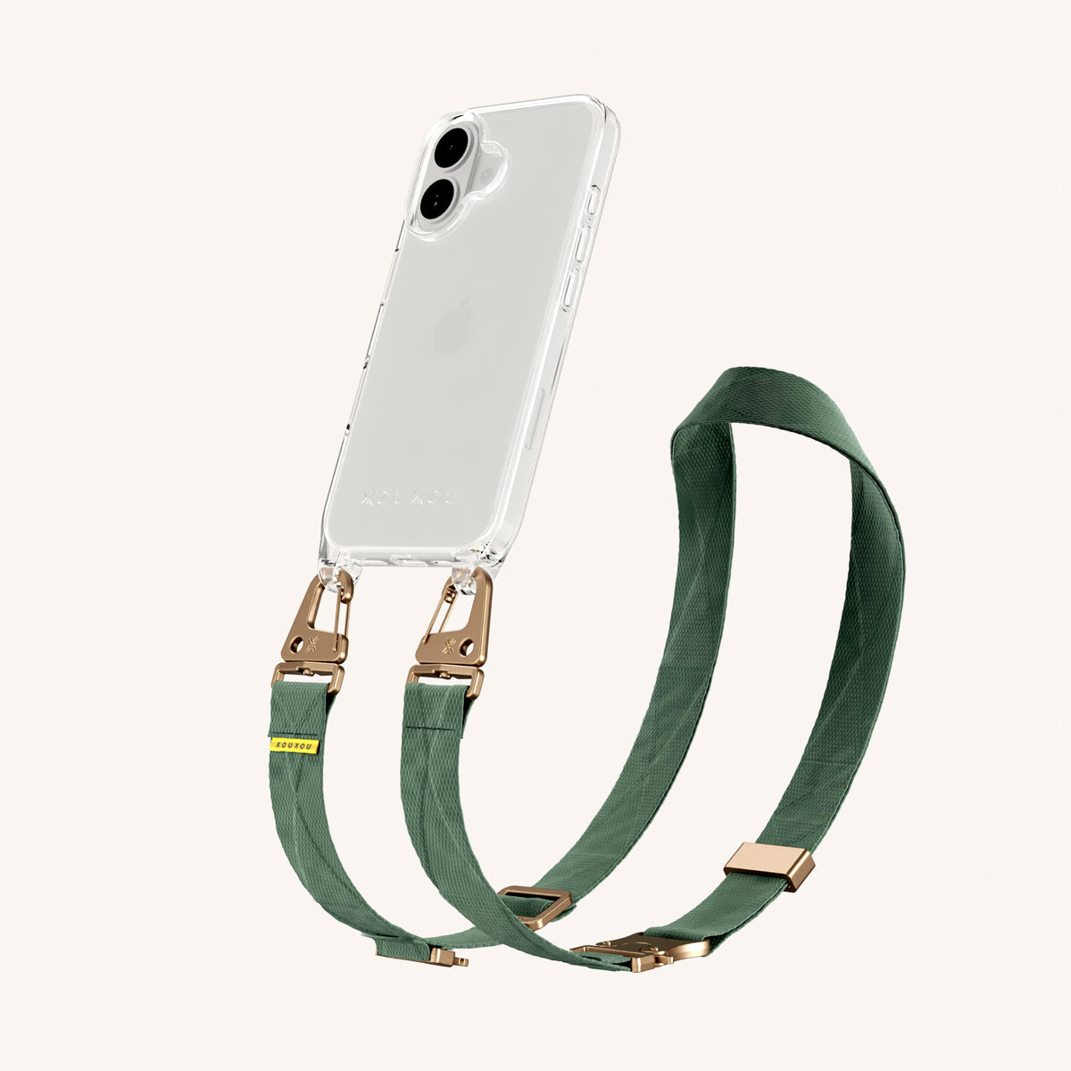 Phone Necklace with Lanyard for iPhone 16 without MagSafe in Clear + Sage | XOUXOU #phone model_iphone 16