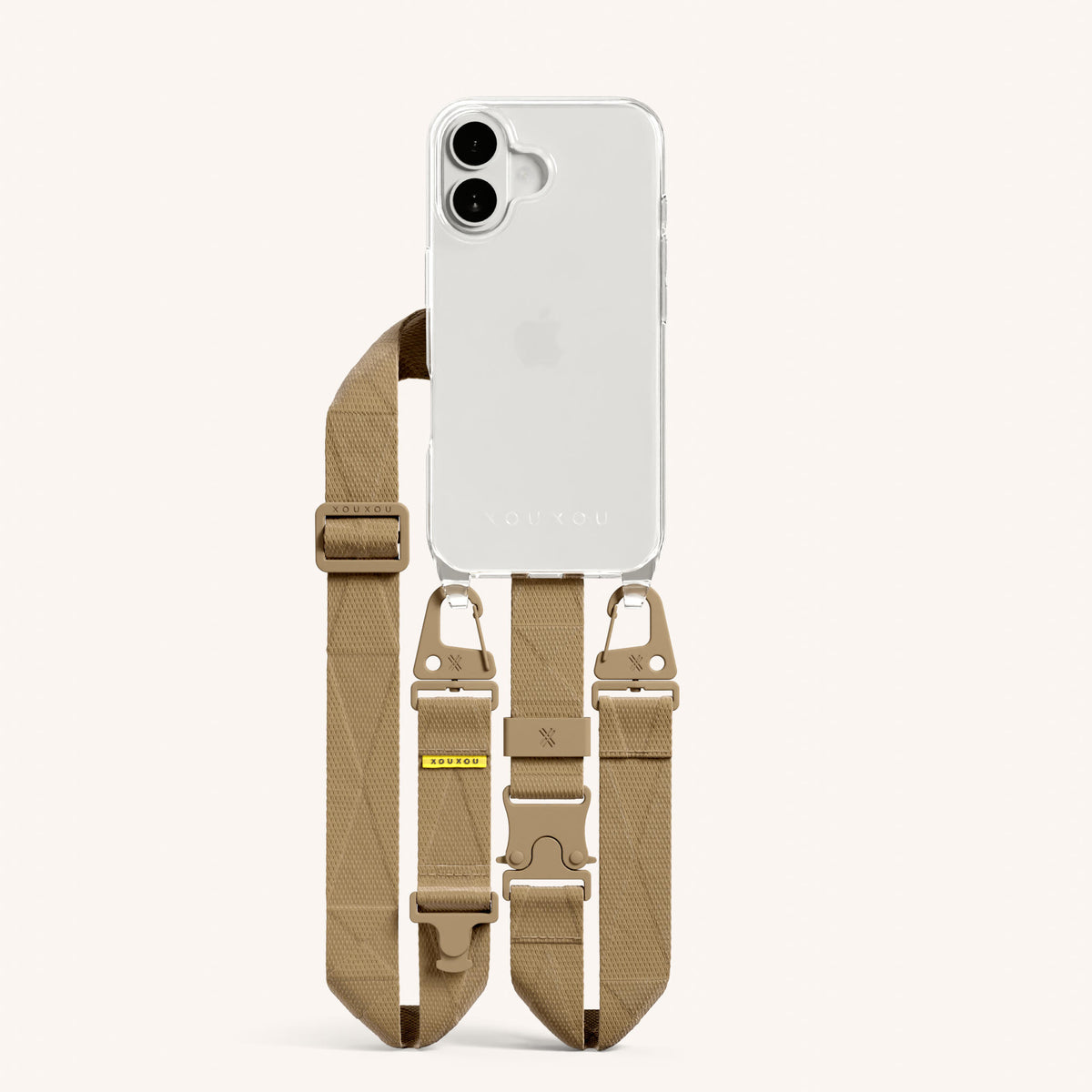 Phone Necklace with Lanyard for iPhone 16 without MagSafe in Clear and Sand Total View | XOUXOU #phone model_iphone 16