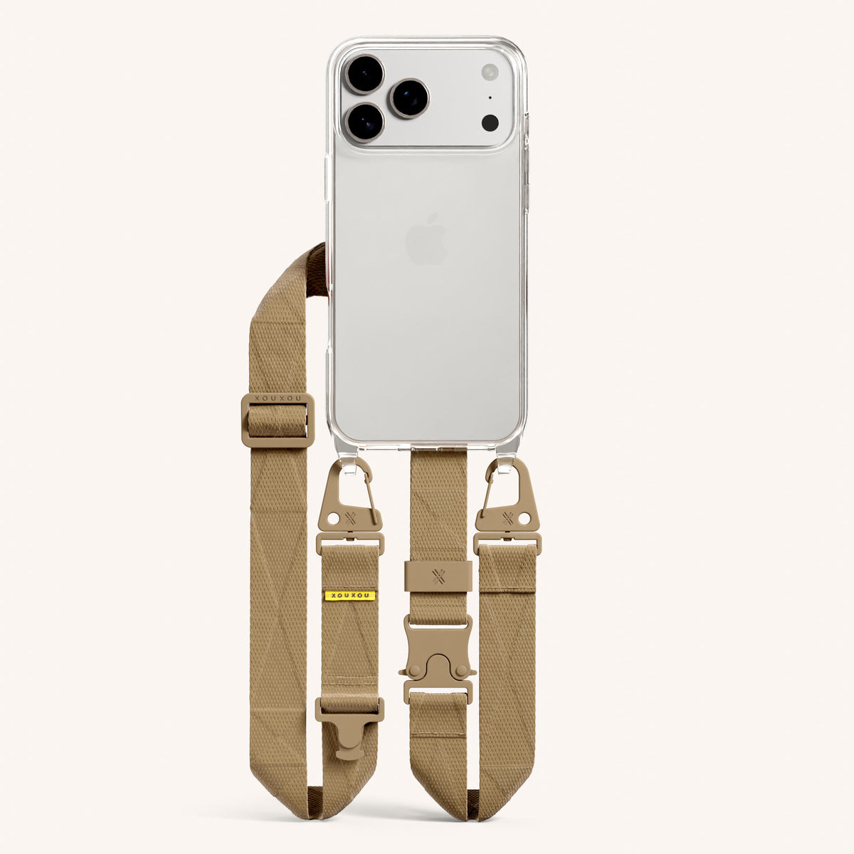Phone Necklace with Lanyard for iPhone 17 Pro without MagSafe in Clear and Sand Total View | XOUXOU #phone model_iphone 17 pro