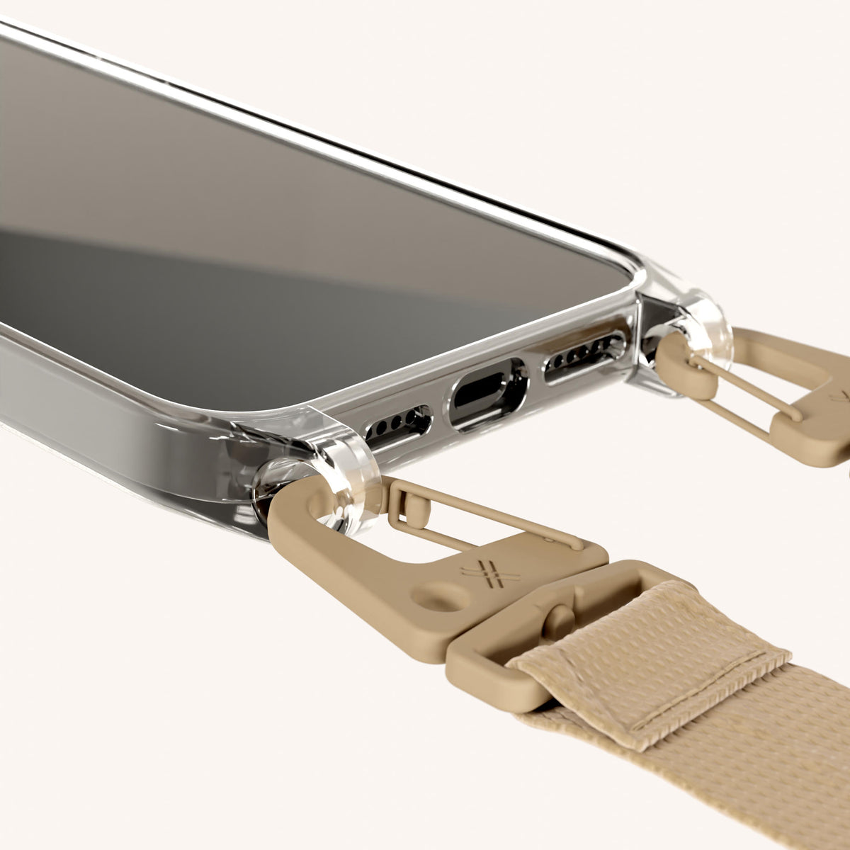 Phone Necklace with Lanyard for iPhone 17 Pro without MagSafe in Clear and Sand Total View | XOUXOU #phone model_iphone 17 pro