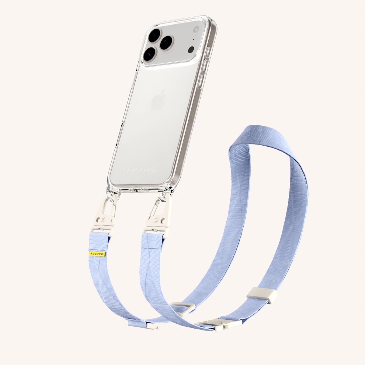 Phone Necklace with Lanyard for iPhone 18 Pro Max without MagSafe in Clear + Baby Blue Perspective View | XOUXOU #phone model_iphone 18 pro max