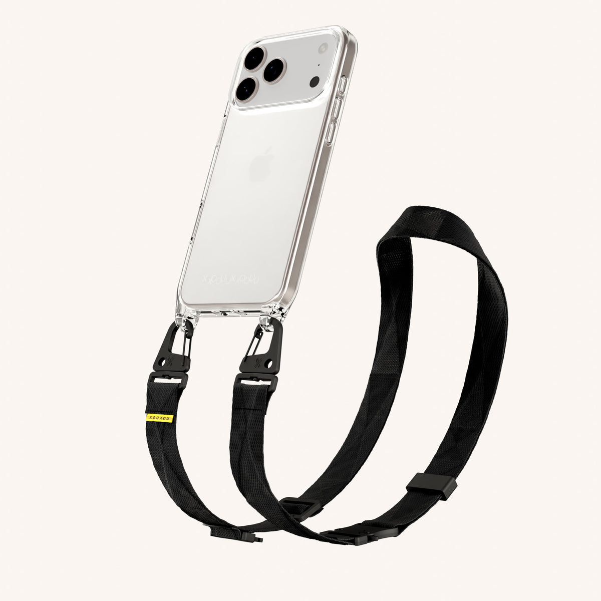 Phone Necklace with Lanyard for iPhone 18 Pro Max without MagSafe in Clear + Black Perspective View | XOUXOU #phone model_iphone 18 pro max