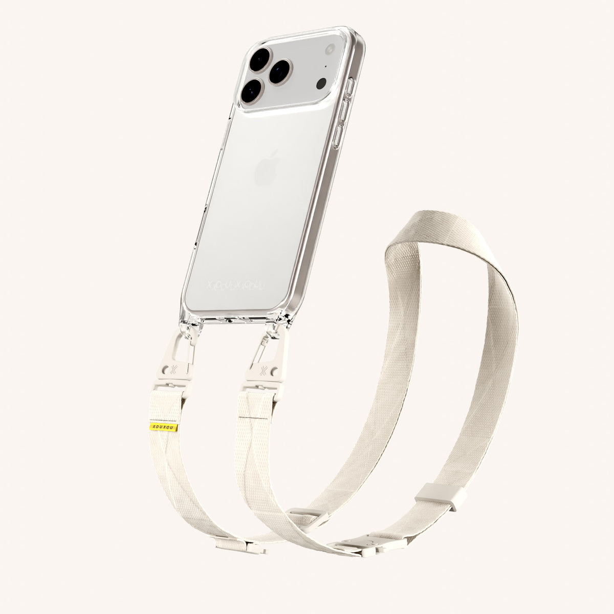 Phone Necklace with Lanyard for iPhone 18 Pro Max without MagSafe in Clear + Chalk Perspective View | XOUXOU #phone model_iphone 18 pro max