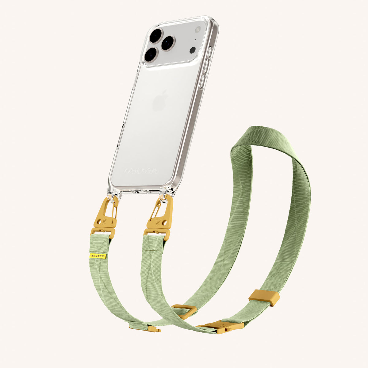 Phone Necklace with Lanyard for iPhone 18 Pro Max without MagSafe in Clear + Light Olive Perspective View | XOUXOU #phone model_iphone 18 pro max