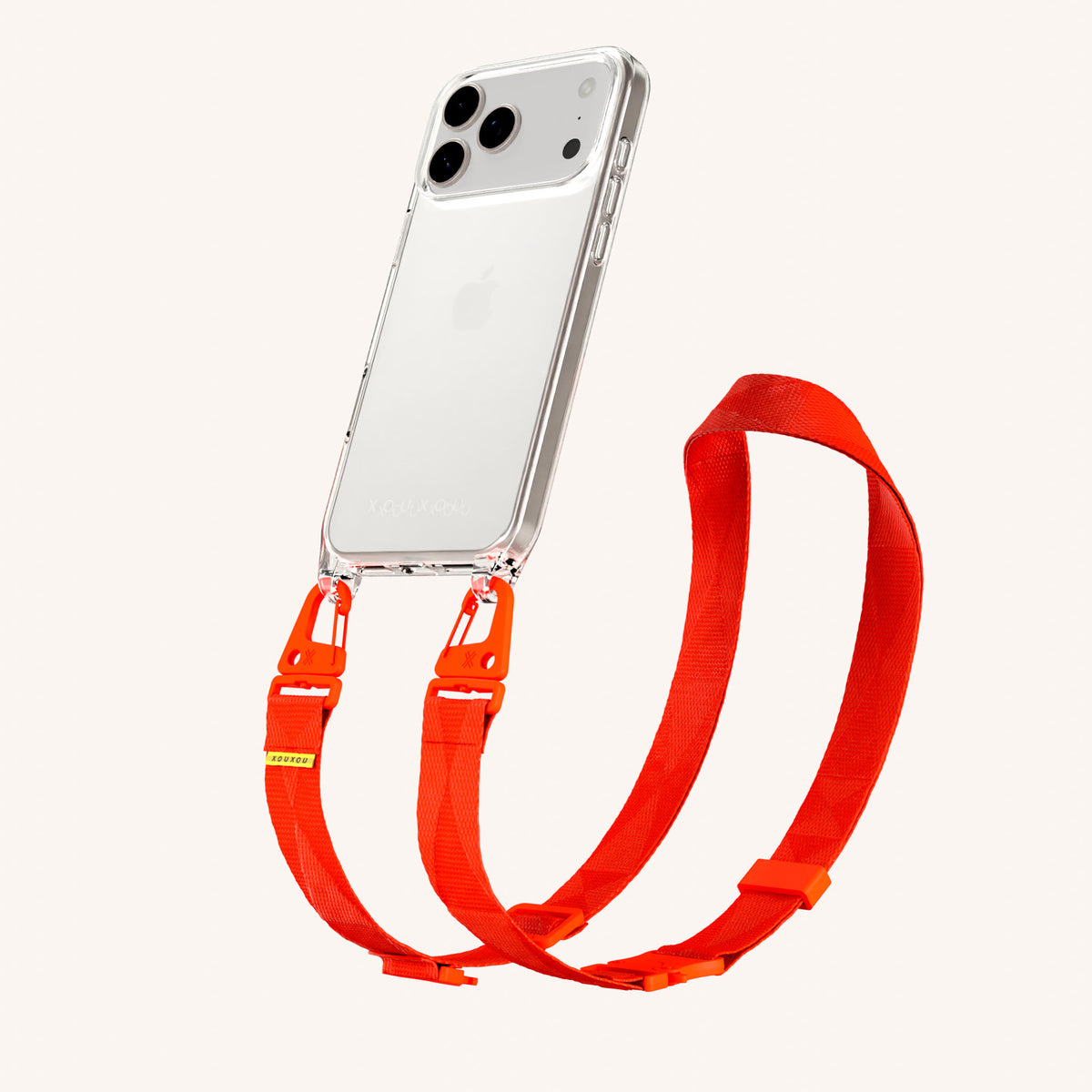 Phone Necklace with Lanyard for iPhone 18 Pro Max without MagSafe in Clear + Neon Orange Perspective View | XOUXOU #phone model_iphone 18 pro max
