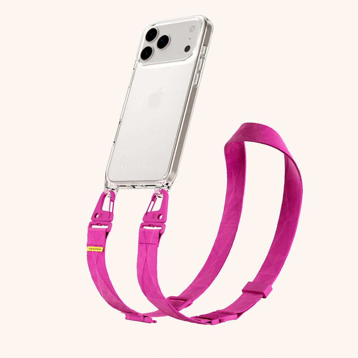 Phone Necklace with Lanyard for iPhone 18 Pro Max without MagSafe in Clear + Power Pink Perspective View | XOUXOU #phone model_iphone 18 pro max