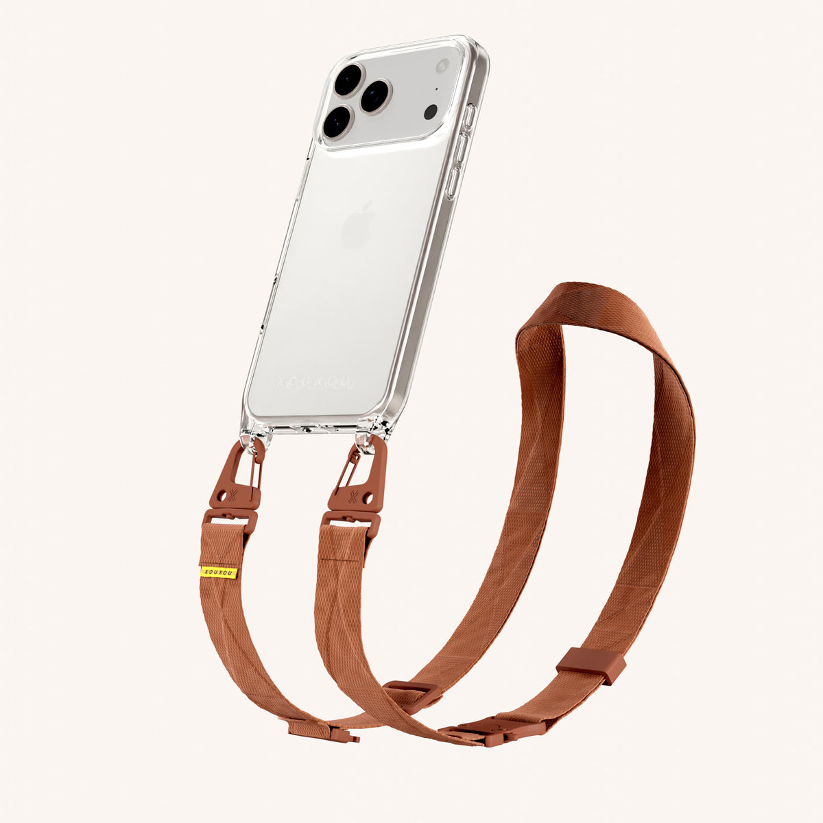 Phone Necklace with Lanyard for iPhone 18 Pro Max without MagSafe in Clear + Rusty Red Perspective View | XOUXOU #phone model_iphone 18 pro max