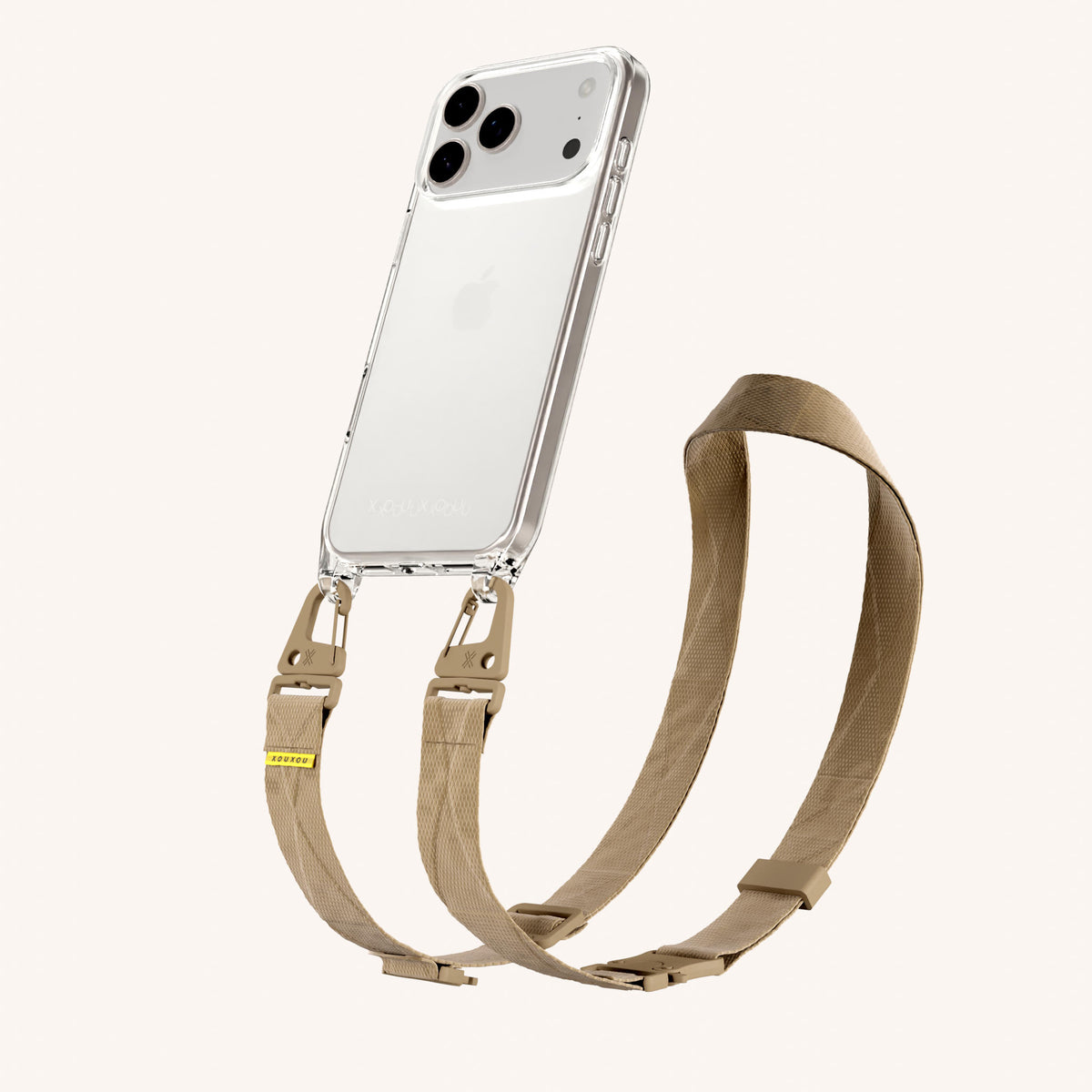 Phone Necklace with Lanyard for iPhone 18 Pro Max without MagSafe in Clear + Sand Perspective View | XOUXOU #phone model_iphone 18 pro max