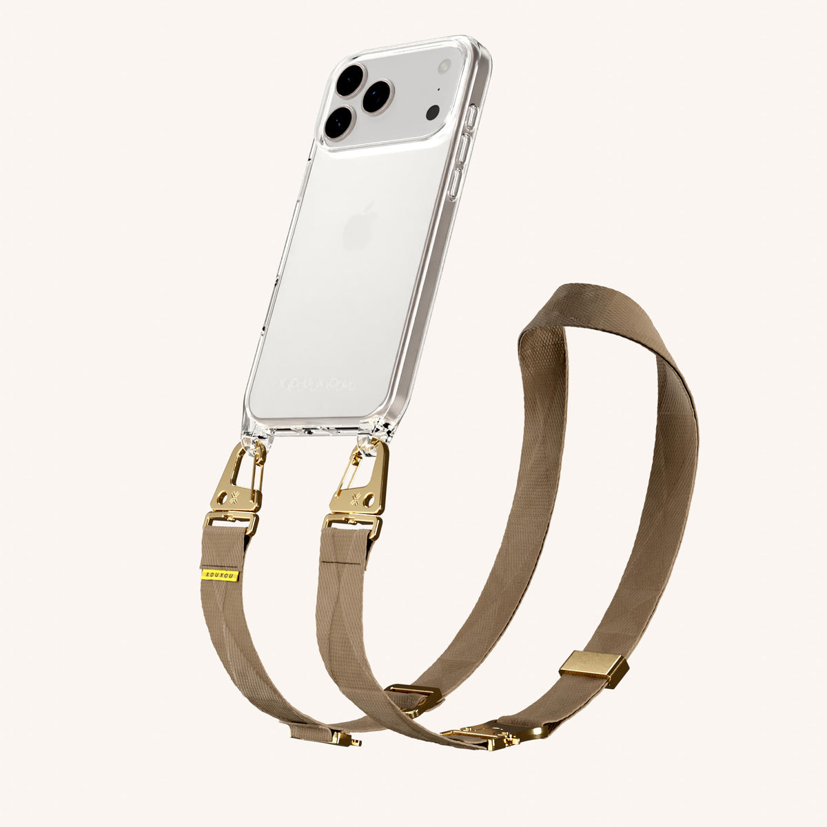 Phone Necklace with Lanyard for iPhone 18 Pro Max without MagSafe in Clear + Taupe Perspective View | XOUXOU #phone model_iphone 18 pro max
