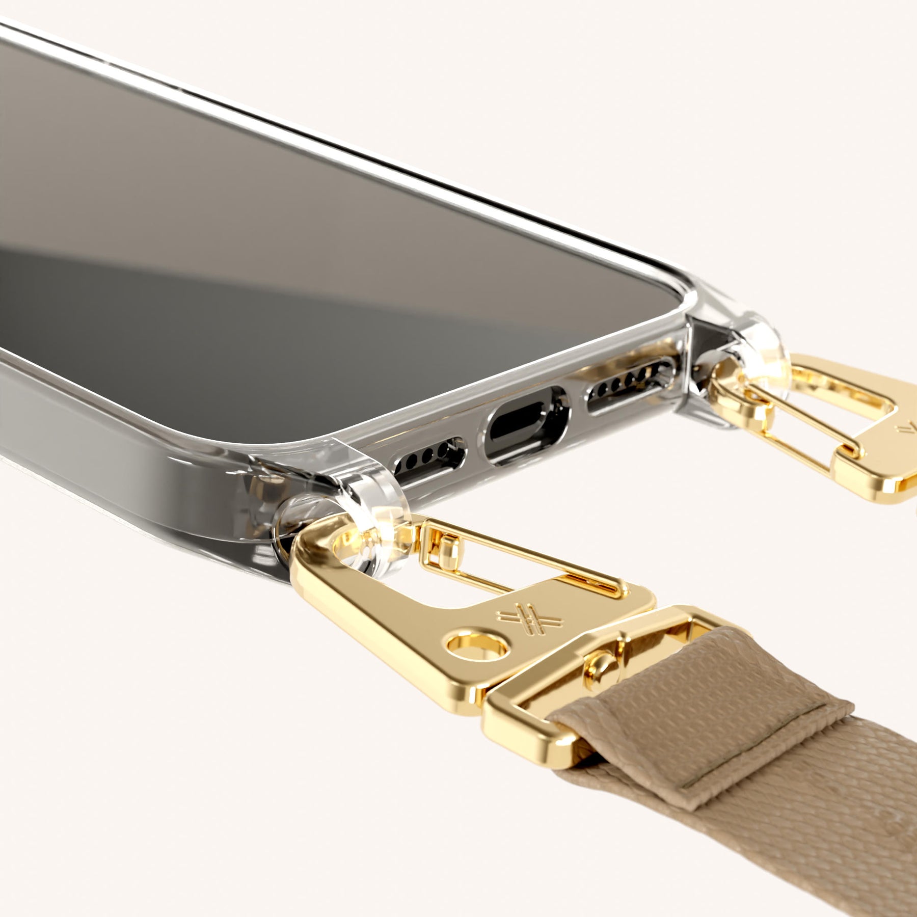 Handykette mit Gurt in Clear + Taupe