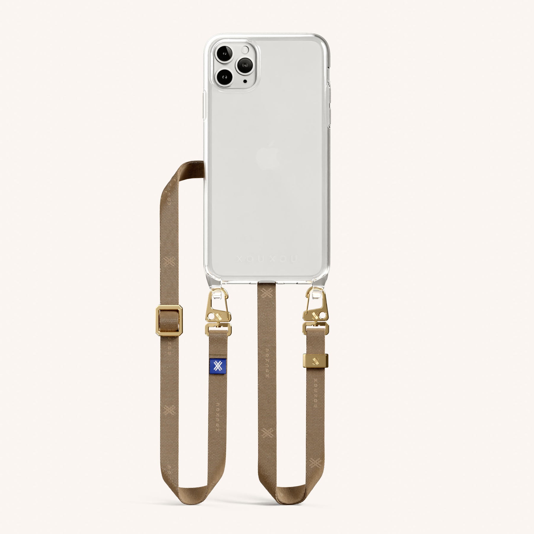 Phone Necklace with Slim Lanyard in Clear + Taupe